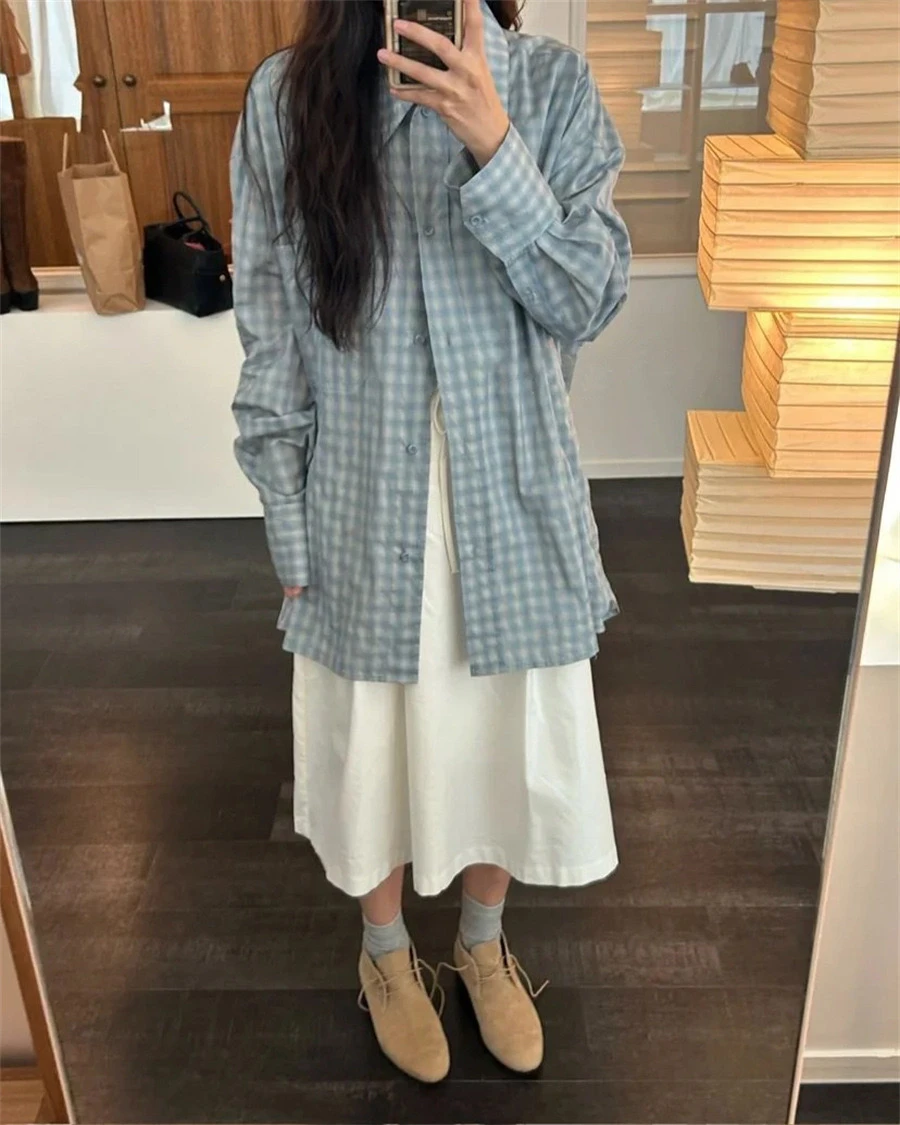 Blau kariert lose lange Sve Casual irt Frühling neue Sle PREON Damen Faion Baumwolle Polyester Mischung Kragen Knopf Cl...