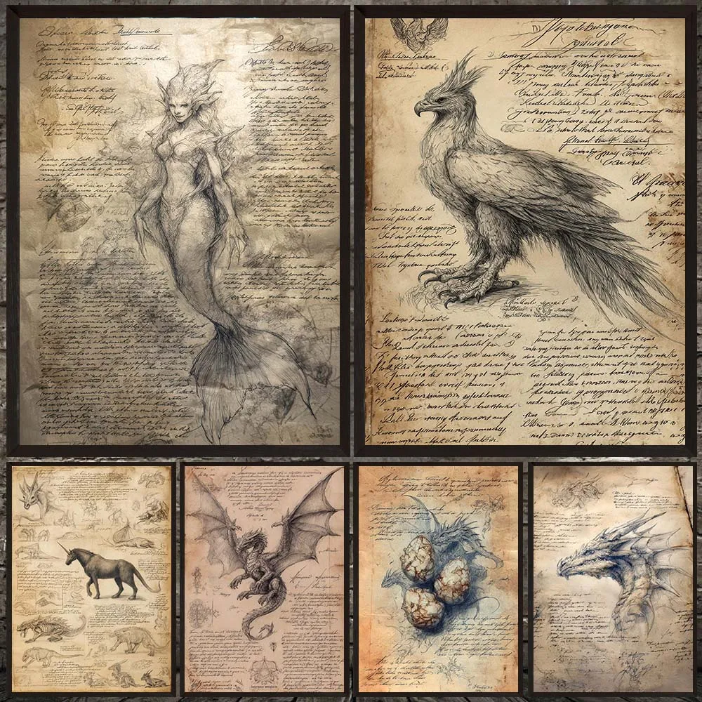 

Magic Creatures,Magic Wand,And Witch Potion Bottles Gothic Wall Art Canvas Painting,Vintage Fantasy Art Poster And Print Decor