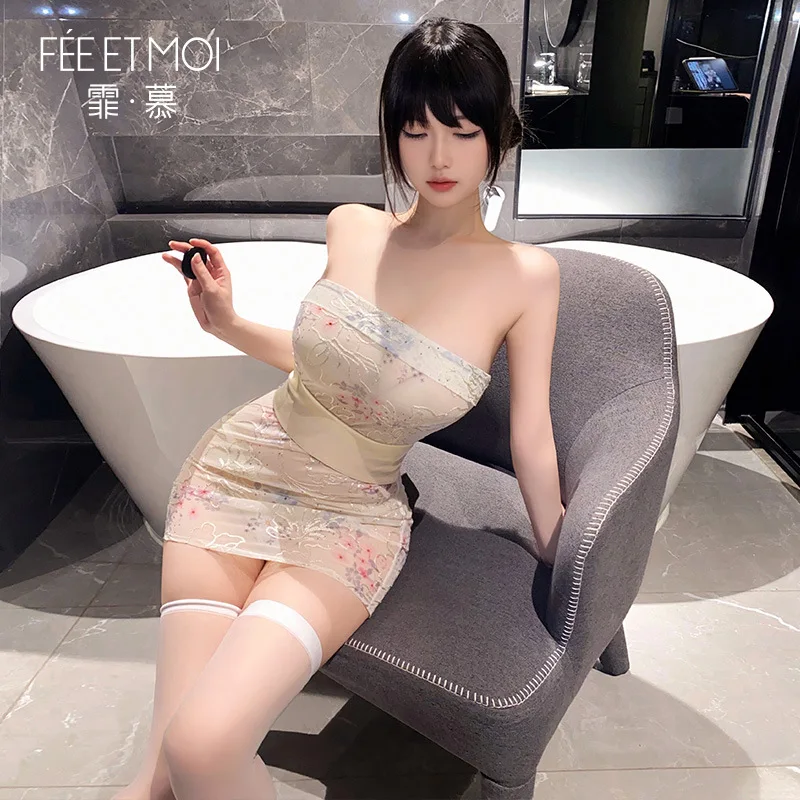 Japan AV Actress Sexy Lingerie Perspective Embroidery Printed Kimono Set Chest Wrapped Dress Hip Wrap Skirt Uniform Temptation