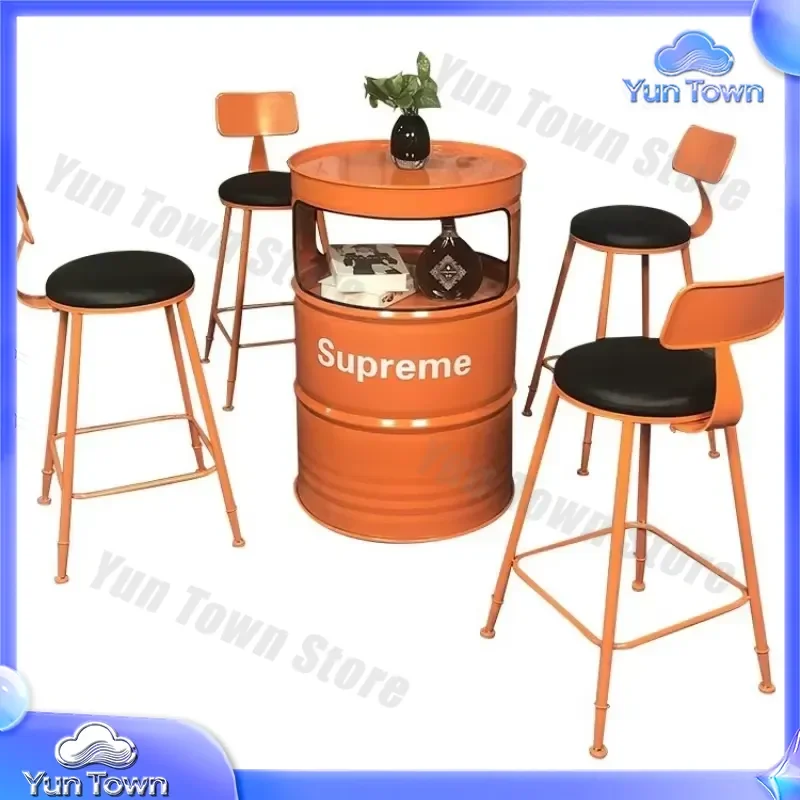 Industrial Wind Oil Drum Bar Stool for Outdoor Lounge Area Commercial Use Wrought Iron Table Seat for Patio Garden Cafe Decor