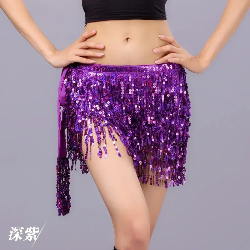 Sexy Belly Dance Layer Skirt Sequins Chain Tassel Belts Clubwear Latin Hula Dance Practice Dress Performance Hip Waist Scarf