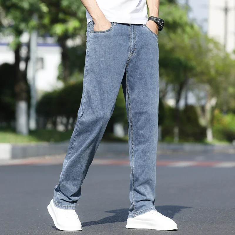 Men's Summer Pants Light Blue Casual Thin Denim Jeans Thin Loose Straight Pants Drawstring Elastic Waist Korea Casual Trousers