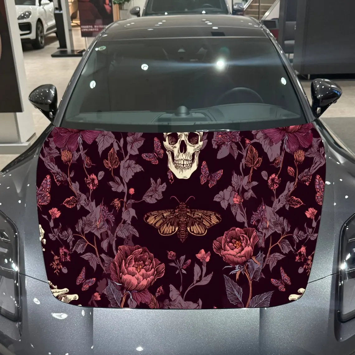 Car Decal Skull with Floral and Moth Artistic Background & Mystic-Dark Romantic Gothic Macabre Aesthetic Car Hood Sticker, Water