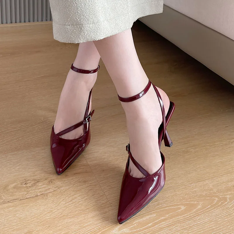 Buckle Strap Pointed Toe Woman Sandals Ankle Red Thin High Heels Designer Prom Shoes Zapatos Mujer New Ladies Party Mules Shoes