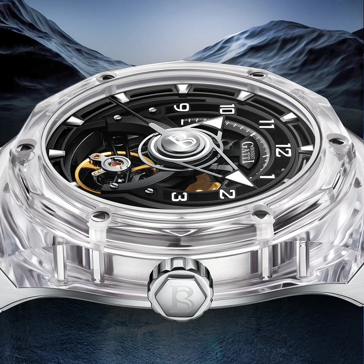 Bonest Gatti ساعة رجالية فاخرة عالية الجودة من الياقوت المكرر حافظة شفافة مضيئة ساعة ميكانيكية أوتوماتيكية للرجال