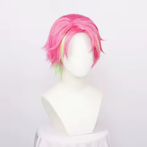 Kanroji Mitsuri Cosplay Synthetic Pink Green Mixed Short Halloween Party Hair + Free Wig Cap
