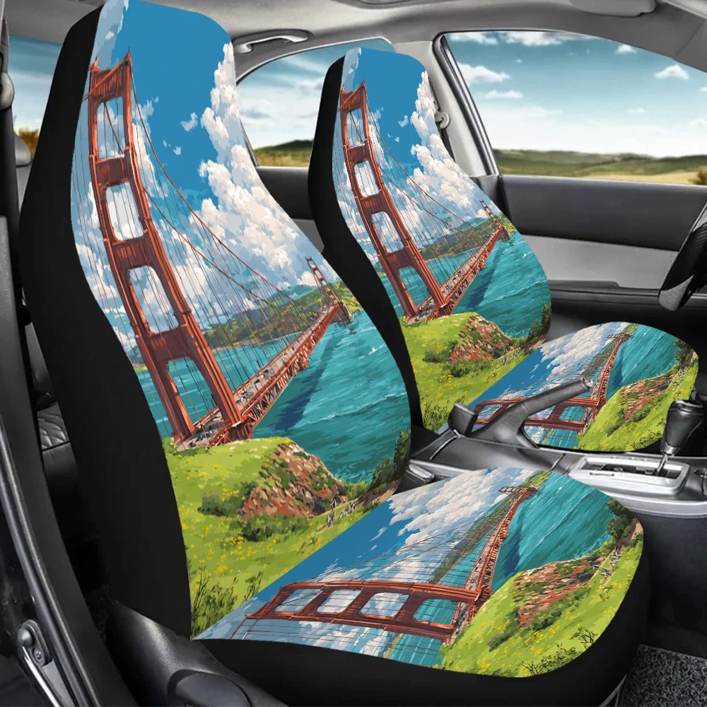 2pcs-Golden Gate Beauty, Print Car Seat Covers For Everyone, Universal Auto Front Seats Protector Fits For Car, SUV Sedan, Enhan