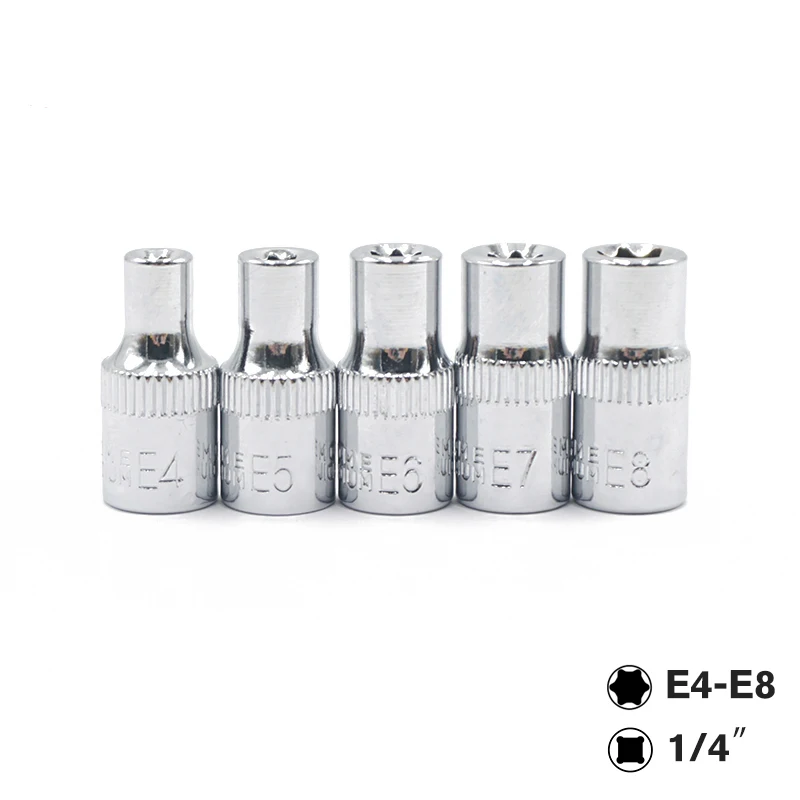 5pcs Torx Star Socket Bit Female E Socket Set 1/4 Inch(6.35mm) E4,E5, E6,E7, E8 Star Socket Set Repair Hand Tools Set