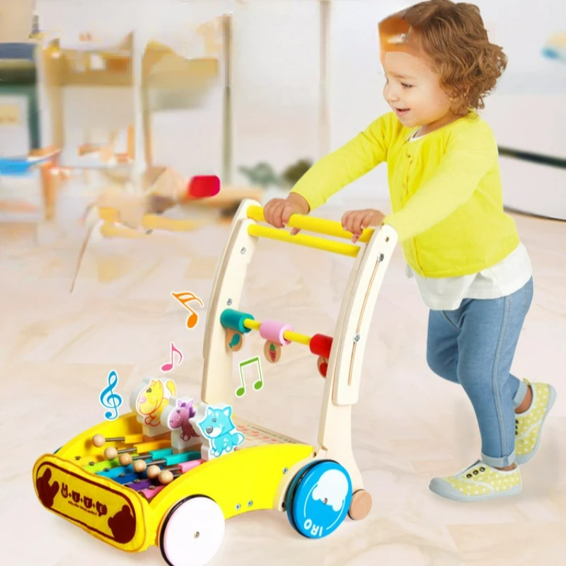 

Automatic Piano Style Multifunctional Toddler Walking Aid Wooden Handcart, Children's Toy Car,foldable Bent Armrest Baby Walkers