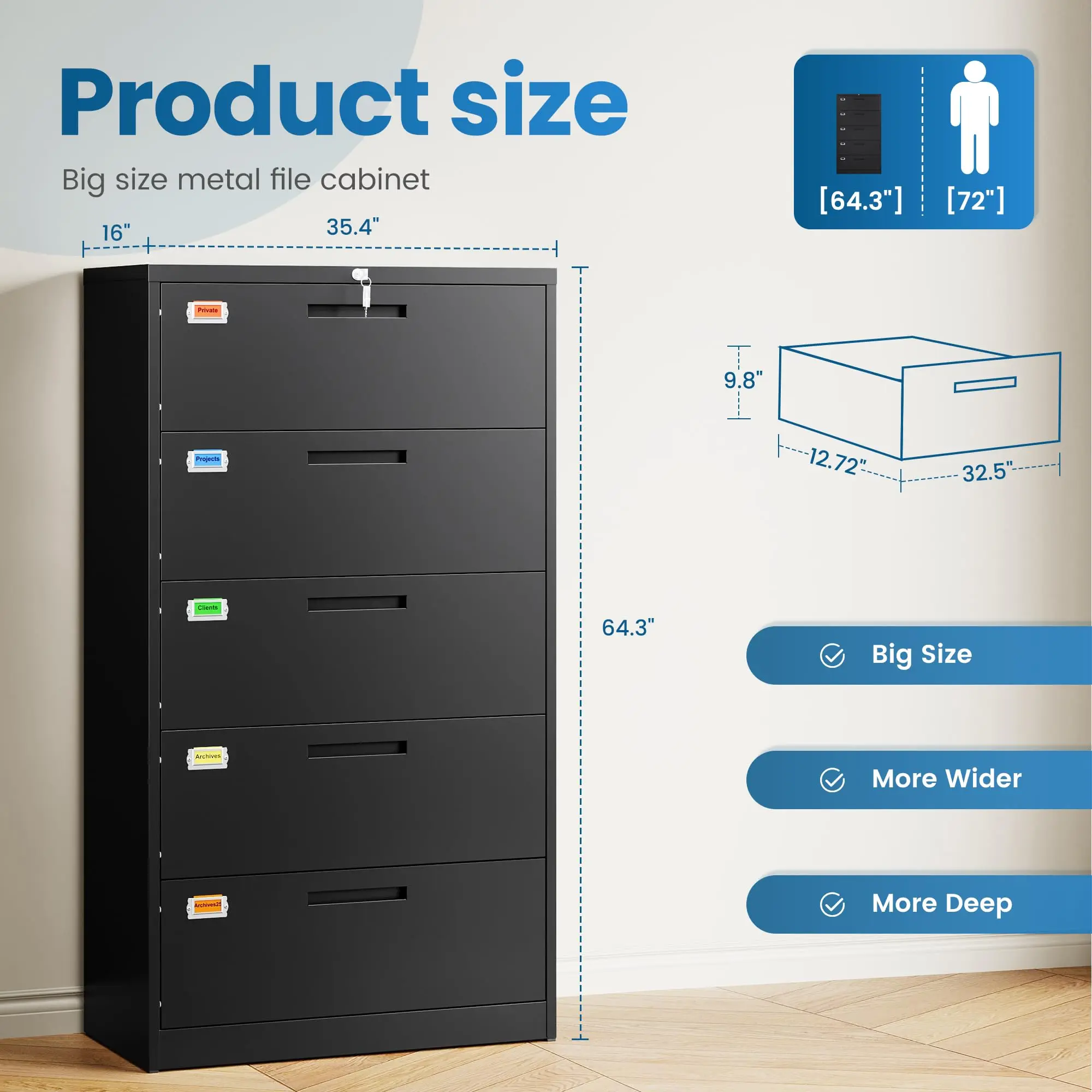 5 Drawer File Cabinet, Lateral Filing Cabinets for Home Office, Office Storage Drawers with Lock, Hanging Files