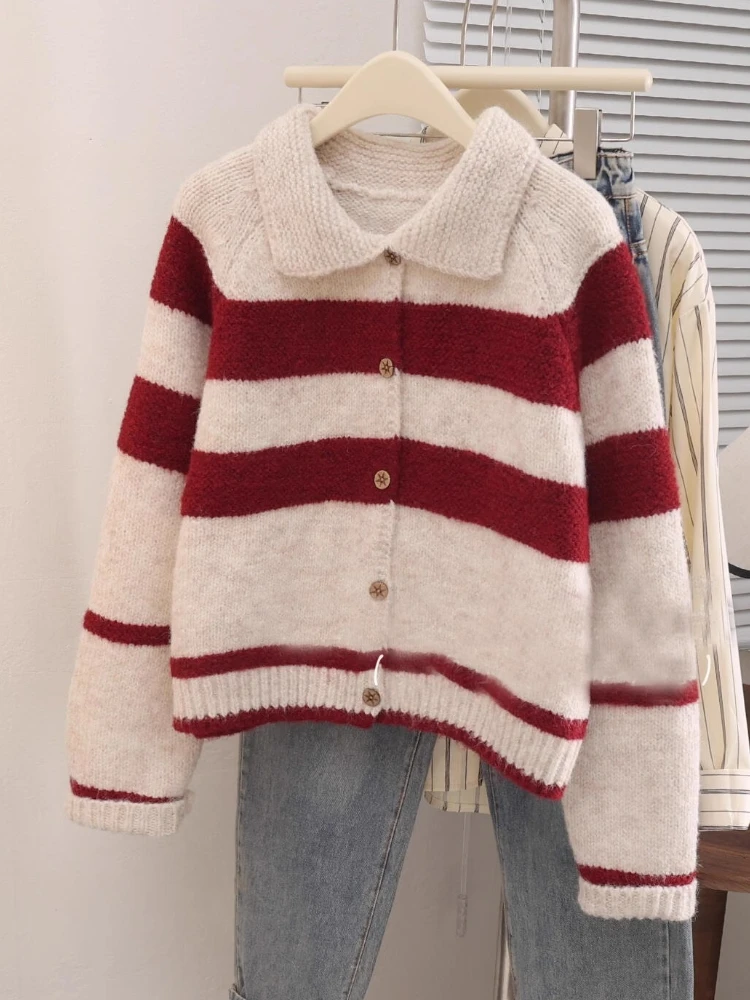 Suéter con cuello vuelto a rayas para mujer, cárdigan de manga larga con contraste de Color Retro coreano, suéter holgado de un solo pecho para otoño