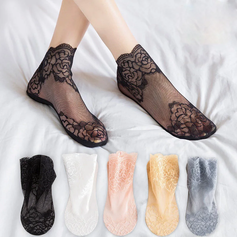 5 Paar Damen-Socken aus Spitze, dünn, transparent, für den Sommer, mit Blumenmuster, unsichtbar, Rüschensocken, atmungsaktiv, modische Damen-Söckchen