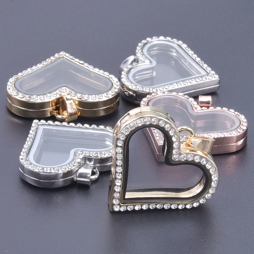 10PCS Heart Rhinestone Locket Glass Floating Charms Alloy Pendant Jewelry Making Photo Necklace Keychain Women Gifts Supplies