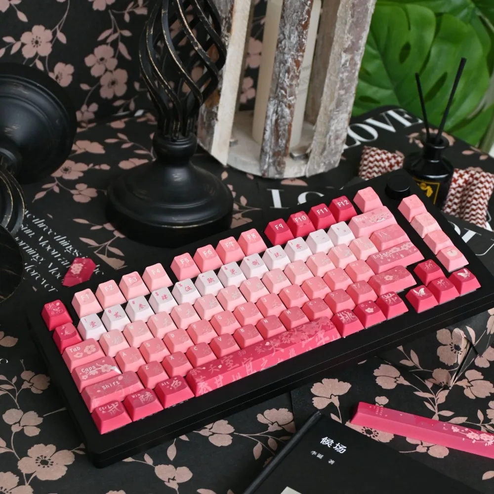 

Peach Blossom Theme Keyboard Keycap Set PBT Cherry 132 Keys, Pink, Keycaps for 21/61/87/104/108 Mechanical Keyboards