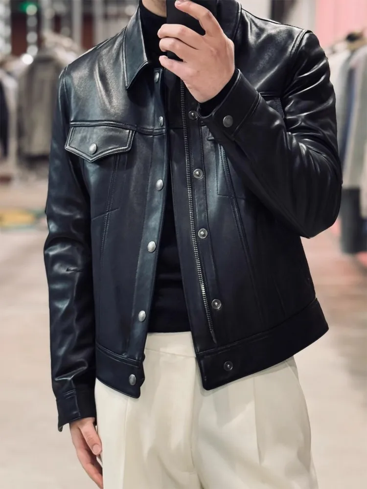 Luxury Mens Slim Fit Sheepskin Genuine Leather Jacket Business Casual Work Coat Italian Designer Autumn Soft Real Leather Jacket