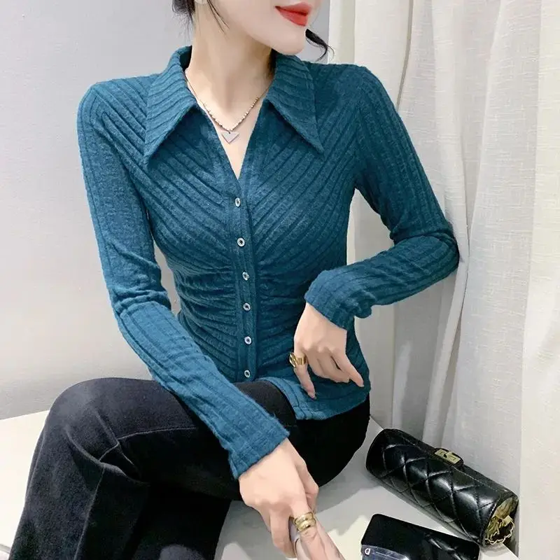 Fashion Lapel Button Korean Solid Color Folds Shirts Women\'s Clothing 2023 Autumn Winter Slim All-match Tops Commuter Blouses