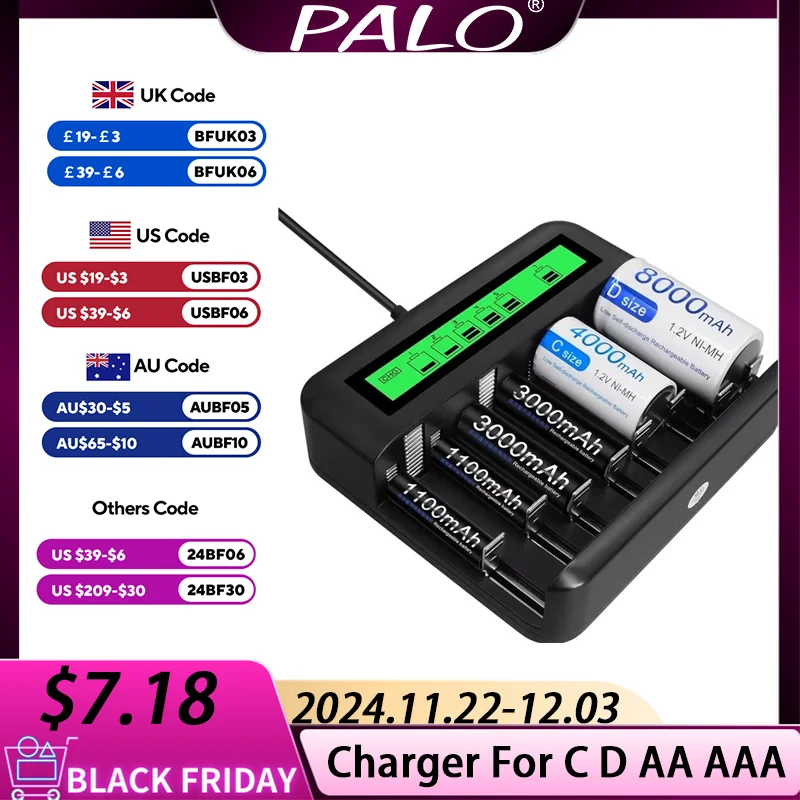 PALO 8 slots LCD Display Smart USB Battery Charger For 1.2V Nimh Nicd Type C D AA AAA Rechargeable Battery Fast Charge Device