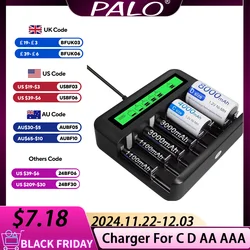 PALO 8 slots LCD Display Smart USB Battery Charger For 1.2V Nimh Nicd Type C D AA AAA Rechargeable Battery Fast Charge Device