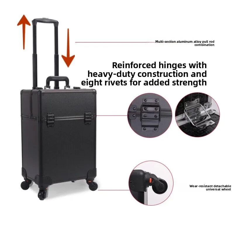 Rolling Makeup Case, Lockable Cosmetic Trolley with Aluminum Alloy Pull Handle and Removable Swivel Wheels, 34 x 24 x 54.5cm - Thumbnail 6