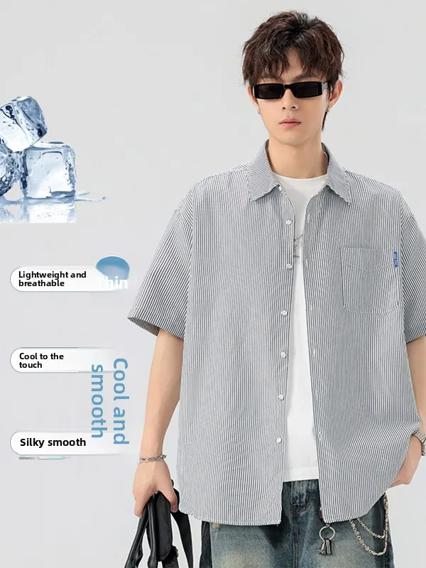 

Summer Casual Loose Men's Striped ort Sve irt y Sle Polyester Fiber Breathable Faionable Student Outerwear