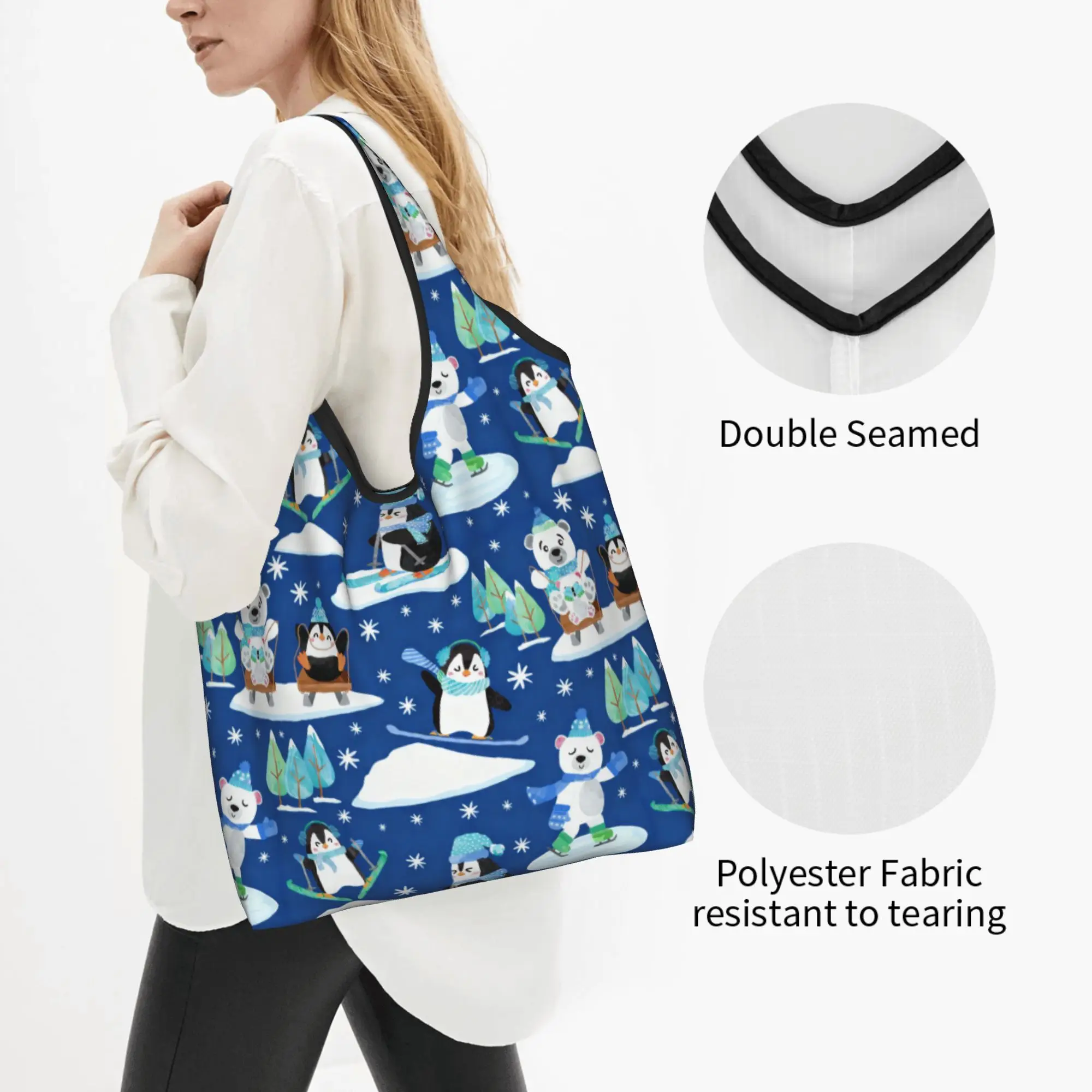 Custom Cute Penguin Polar Bear  Shopping Bags Women Portable Big Capacity Grocery Winter Sports Dark Blue  Tote Shopper Bags