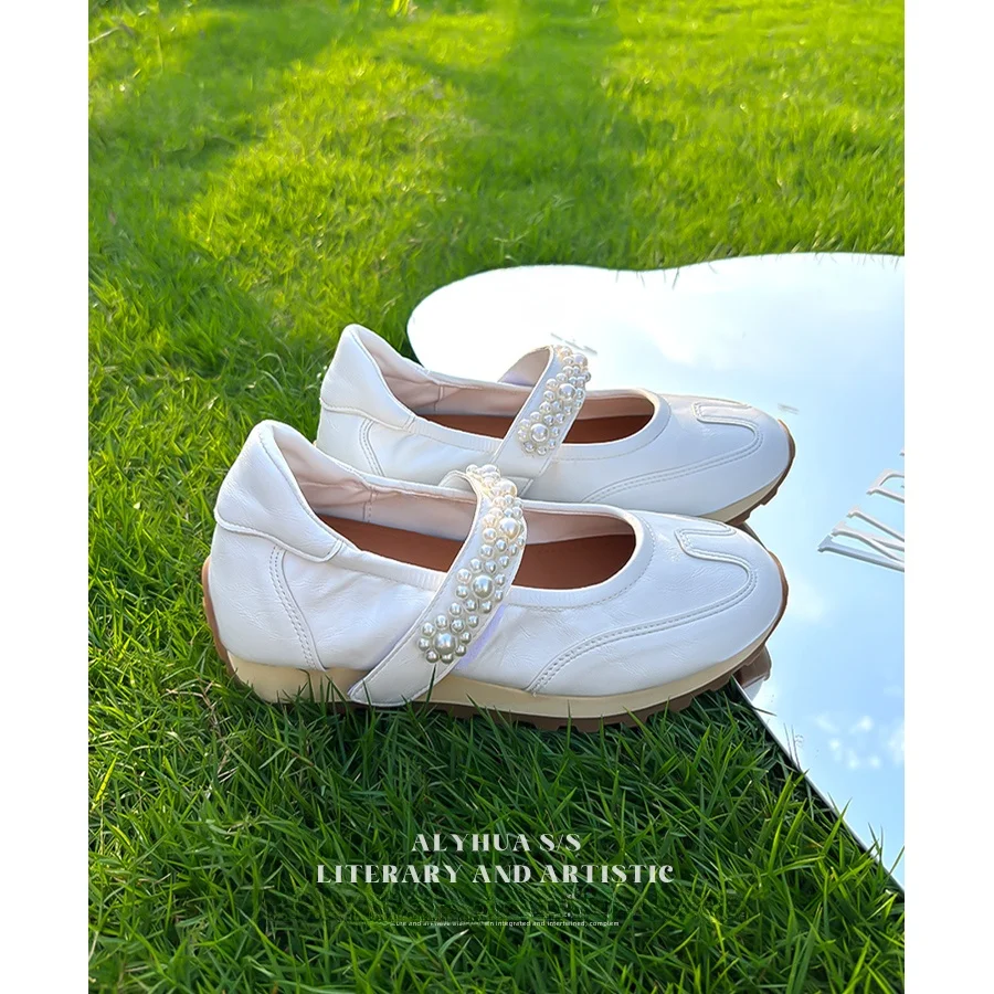 

Swan Floral Breathable Genuine Leather Sporty Ballet Flat Shoes Thick Heel Women's Pearl Mary Jane Shoes Comfortable Casual F...