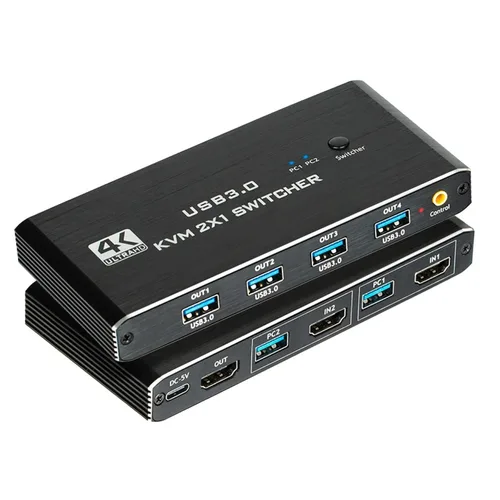 Conmutador KVM 2x1 USB 3,0 compatible con HDMI 4K @ 60Hz con control remoto para 2 ordenadores Compartir 1 monitor/teclado/ratón/impresora (4 dispositivos USB)