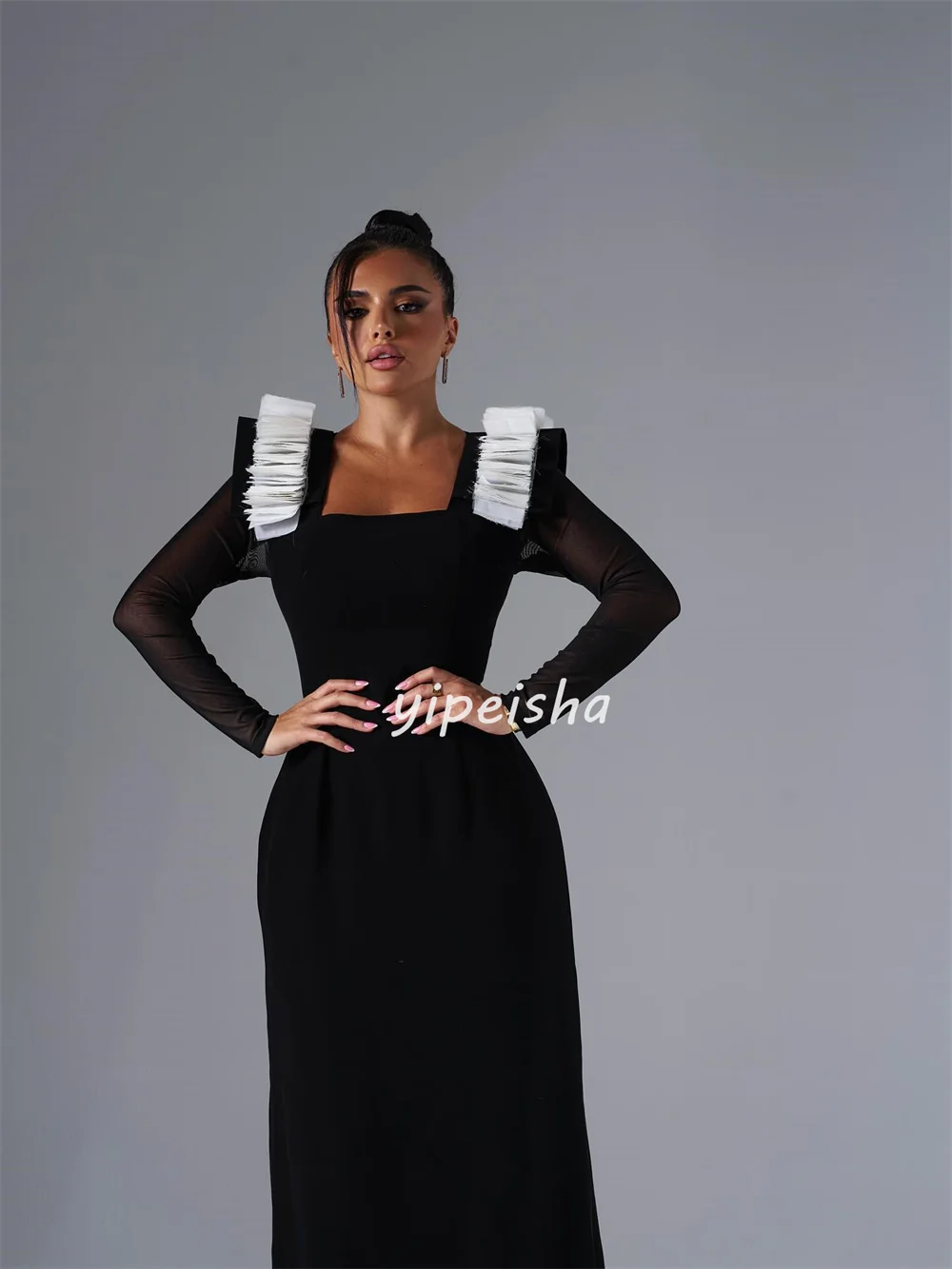 تخصيص الطراز الحديث أزياء جيرسي Ruched مستقيم ساحة الرقبة الكاحل طول فساتين مناسبة مخصصة فساتين رسمية كلاسيكية