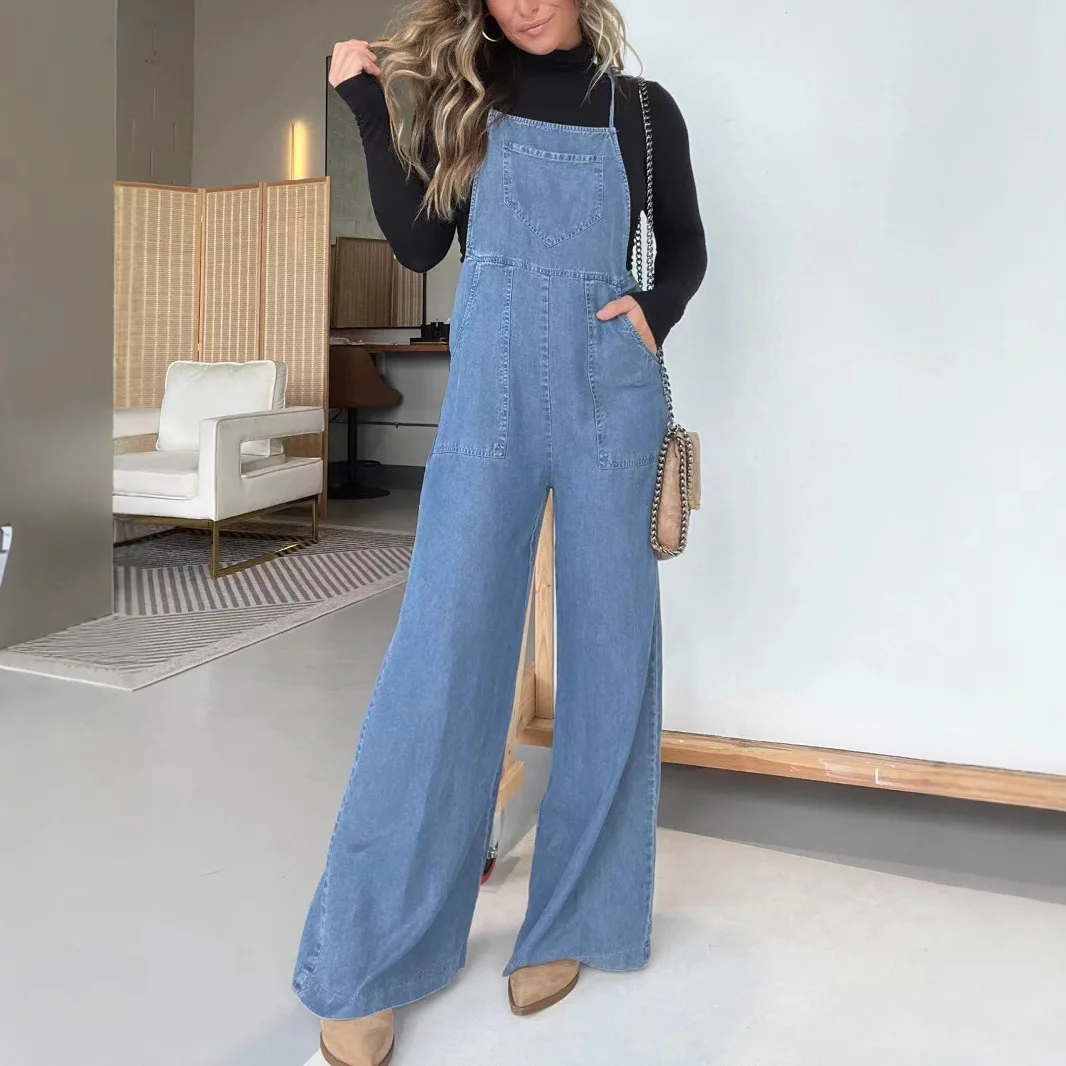 

Женские джинсовые комбинезоны, широкие джинсы, комбинезоны, брюки полной длины с карманами и высокой талией, повседневные однотонные рваные комбинезоны, 2025 г.