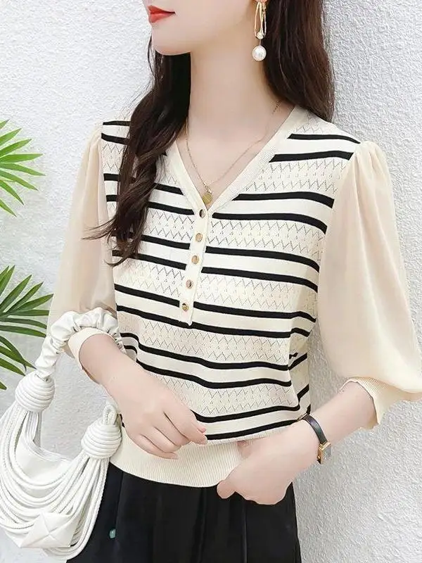 

Spring Stripe Knitted Lace Sleeve T-Shirt Women's Color Block Fashionable Seven-Five Sleeve High-End Anti-Aging Top