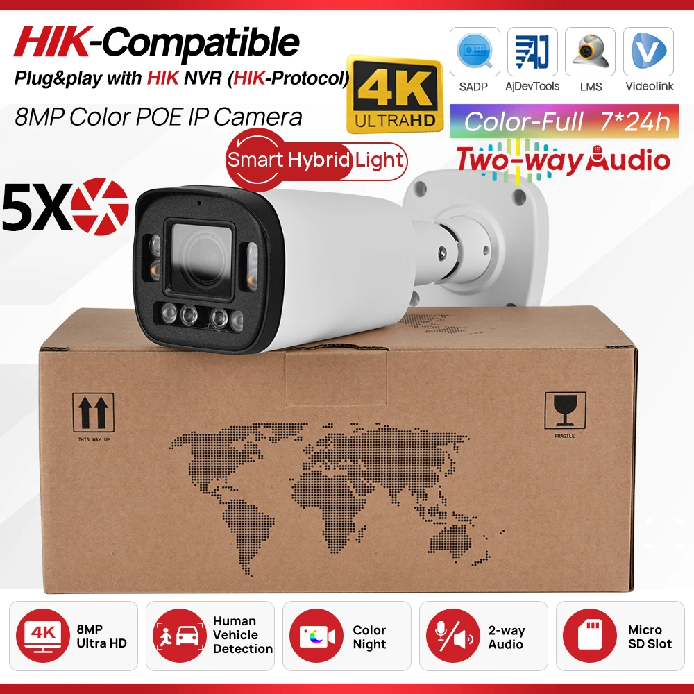 Caméra IP extérieure compatible Hikvision 5/8MP 2.7-13.5MM avec zoom 5X, Full ColorVu, IR, double éclairage intelligent, surveillance vidéo, protection
