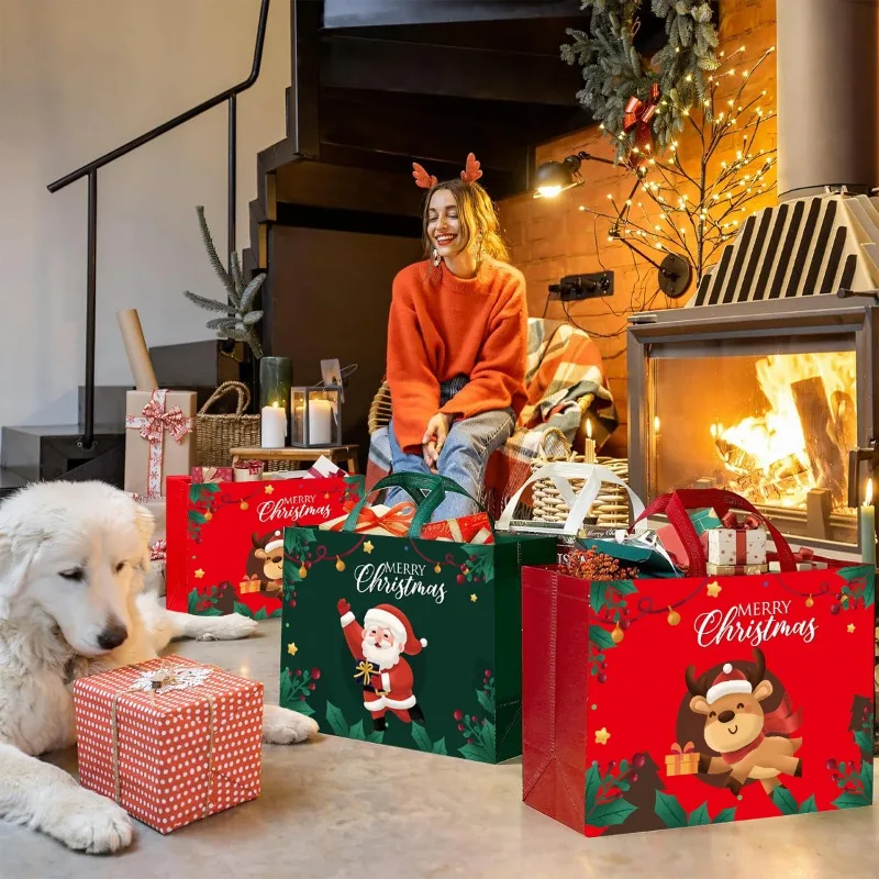 2025 가을 겨울 신상품 크리스마스 테마 부직포 쇼핑백 친환경 휴일 선물 포장 재사용 가능한 토트백