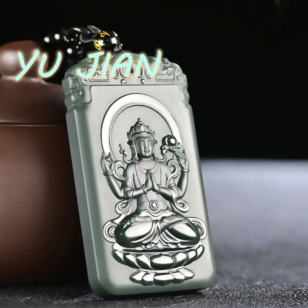 

New Natural Hetian Jade Sapphire Exquisite Hand-carved Four-arm Guanyin Pendant Necklace Wiht Chain Quality Jewelry Neck-hewelry