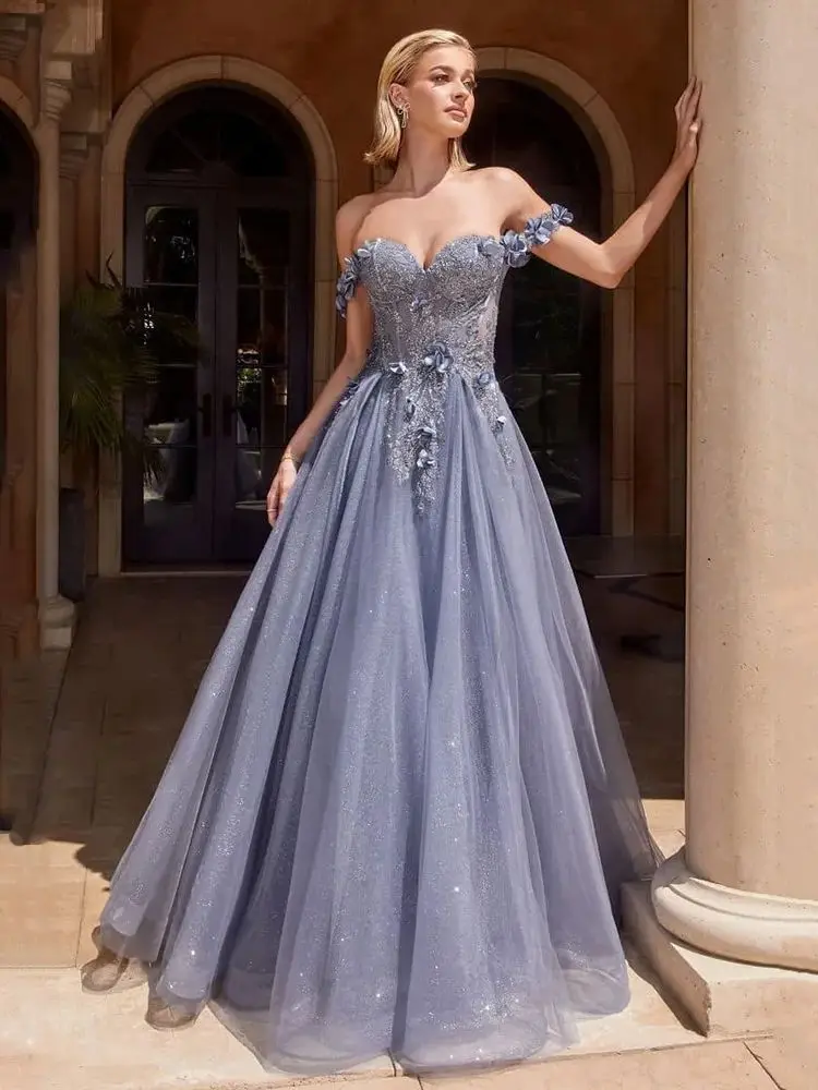 Elegant Off-Shoulder Long Prom Dresses For Women 2024 Glitter Tulle 3D Flower Appliques Formal Occasion Evening Party Gowns