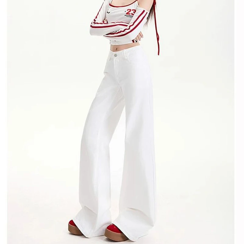 Hot Sale Girls White Flared Jeans Women Korean Classic Low Waist Solid Denim Trousers Lady Comfortable Slim Fit Pants