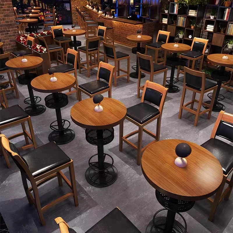 Kursi tinggi kayu bergaya modern klasik industrial, set meja bundar tinggi dengan penyimpanan, furnitur bar