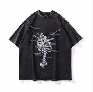 メンズ半袖Tシャツ、スカルプリント、洗濯可能、エイジド加工、ルーズフィット、レトロで快適なストリートカジュアルトップス