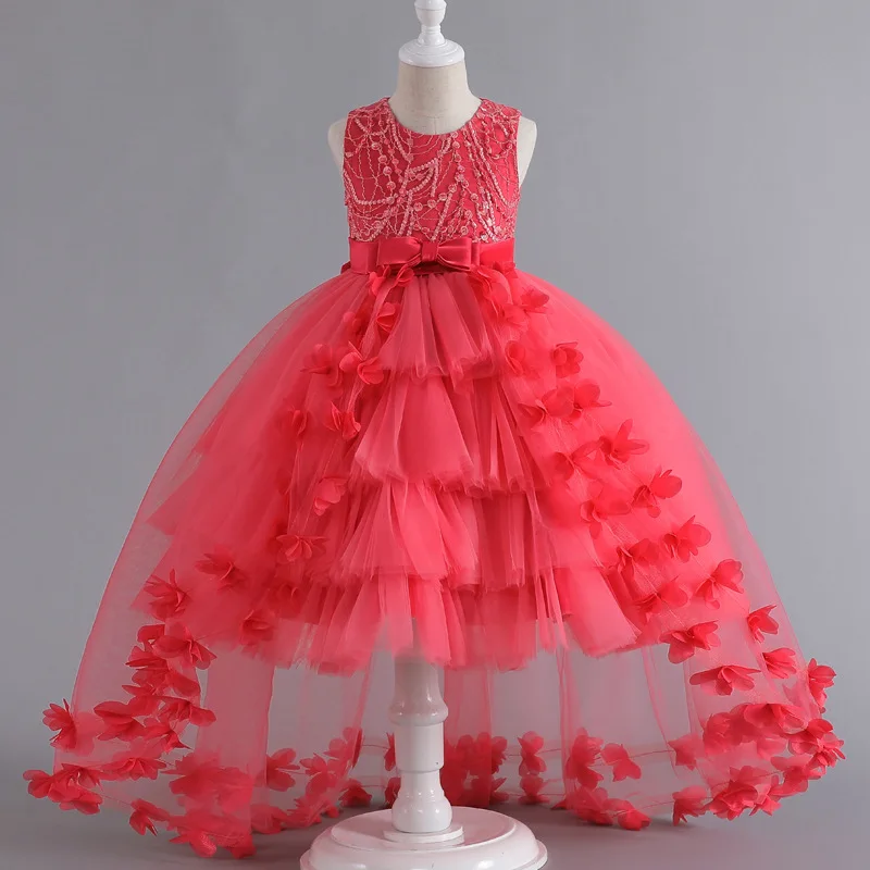 Vestido de cola para niñas, vestido de fiesta de princesa, vestido de boda elegante con flores, vestidos de cumpleaños con lazo grande para niñas y niños