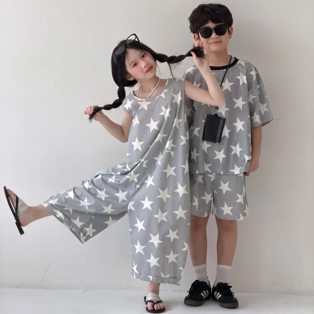 

2026 Summer Sibling Matching Outfits Kids Star Print 2PCS Set Unisex Boy Girl Jumpsuit & Shorts Casual Loose Breathable Clothes