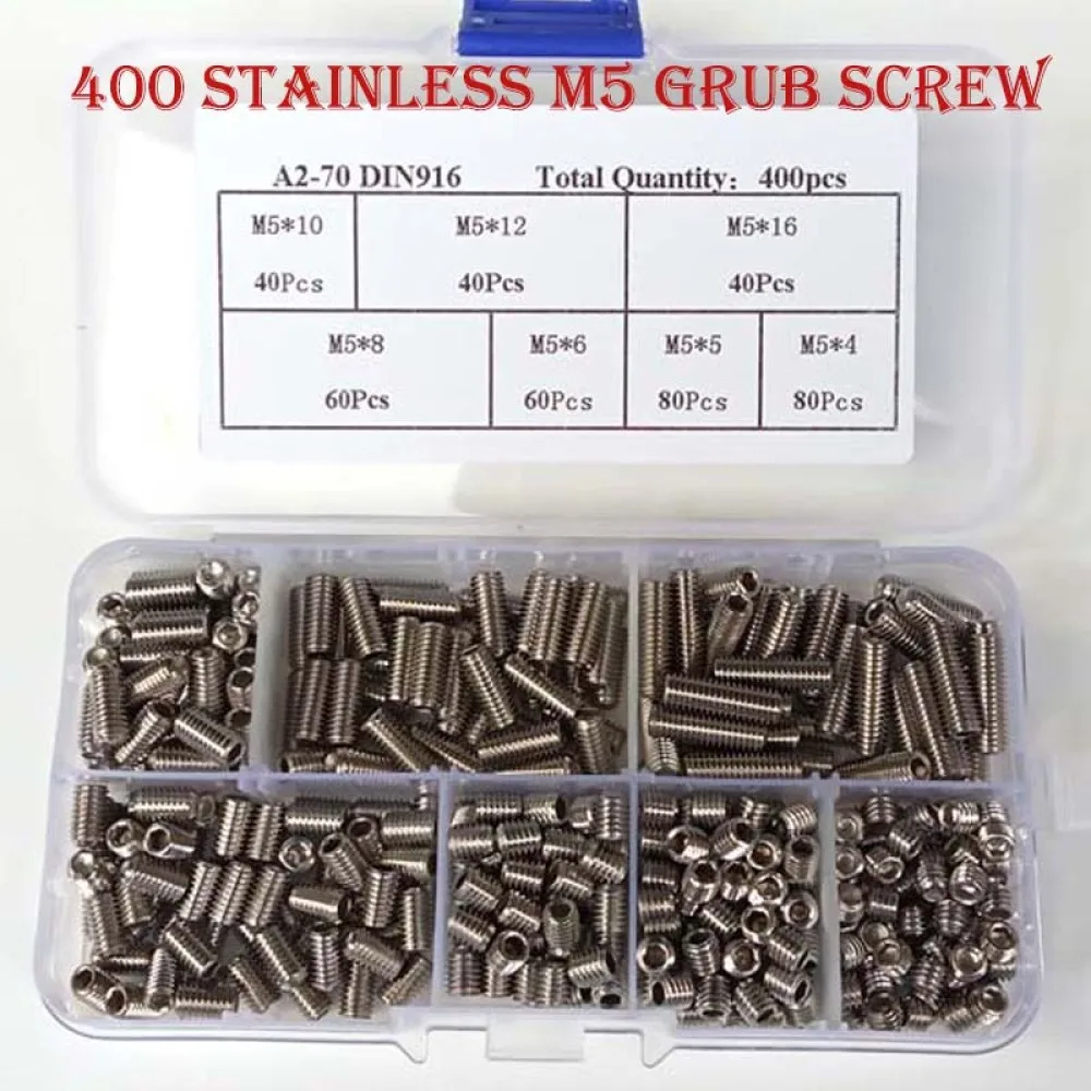 400 buah M5 Stainless Steel Hex Hexagon Socket Meter Set sekrup aneka Kit Allen Cup Point Grub sekrup Set baut dengan wadah