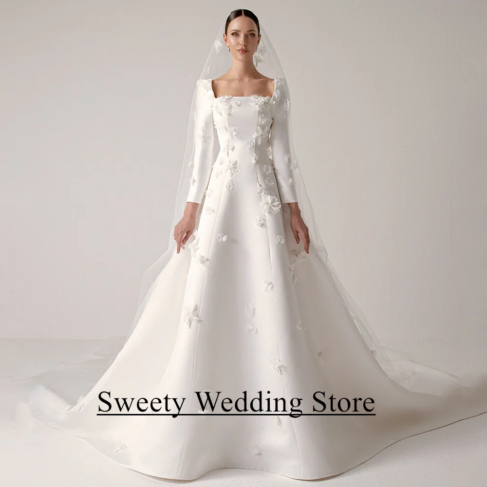 

Saudi Wedding Dress Customized Square Neck Long Sleeves 3D Flowers A Line Court Train Satin Bridal Gown Vestido De Noiva