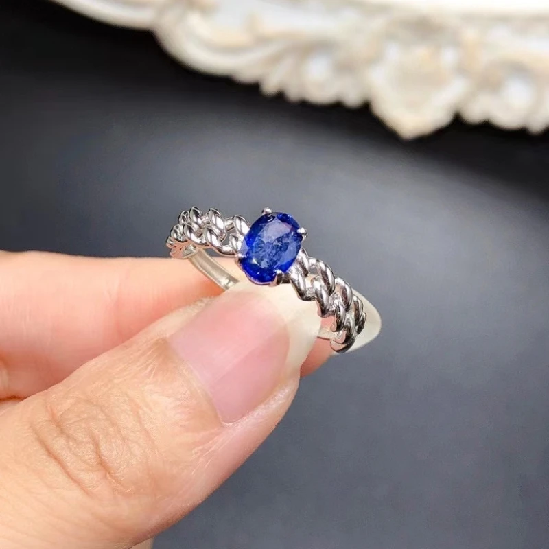 

Royal Blue Sapphire Ring for Engagement 5mm*7mm 0.7ct Natural Sapphire Silver Ring with 3 Layers 18K Gold Mplated