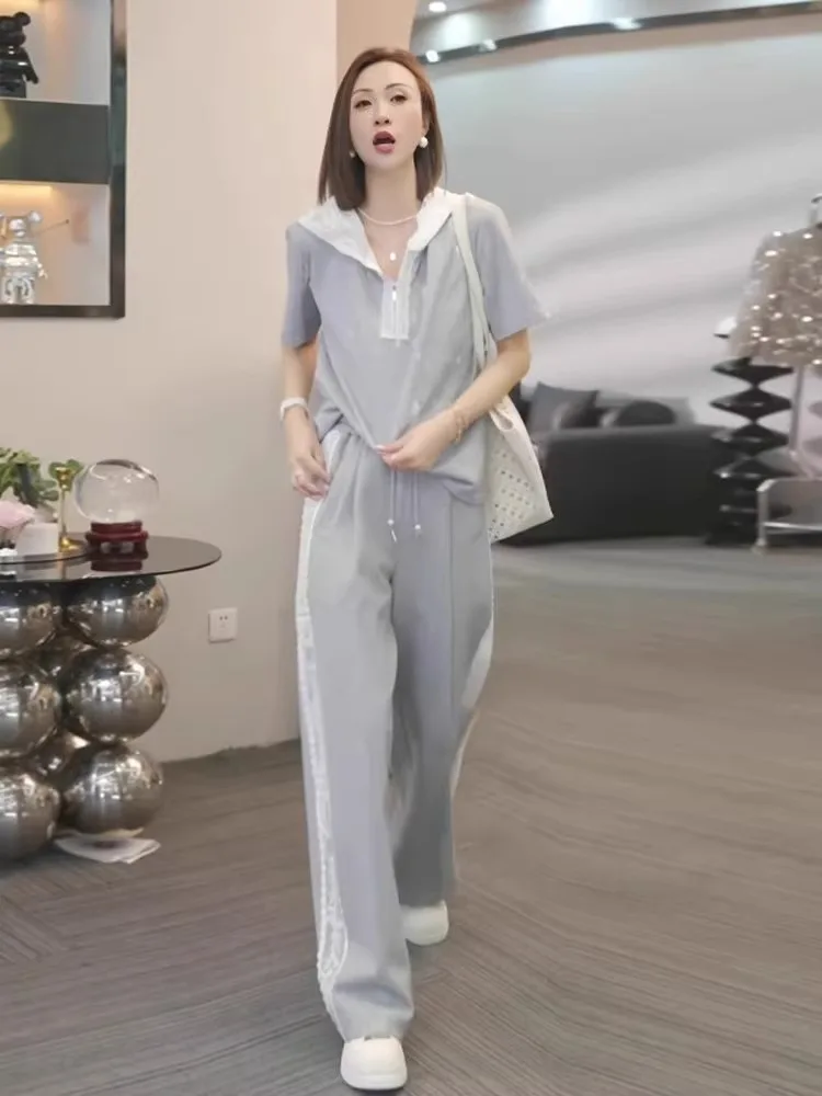 

2025 Summer New Style Women's Casual Sporty Lace Short Sleeve Long Pants Set Slimming Fashionable Ensemble Cotton Hat Included