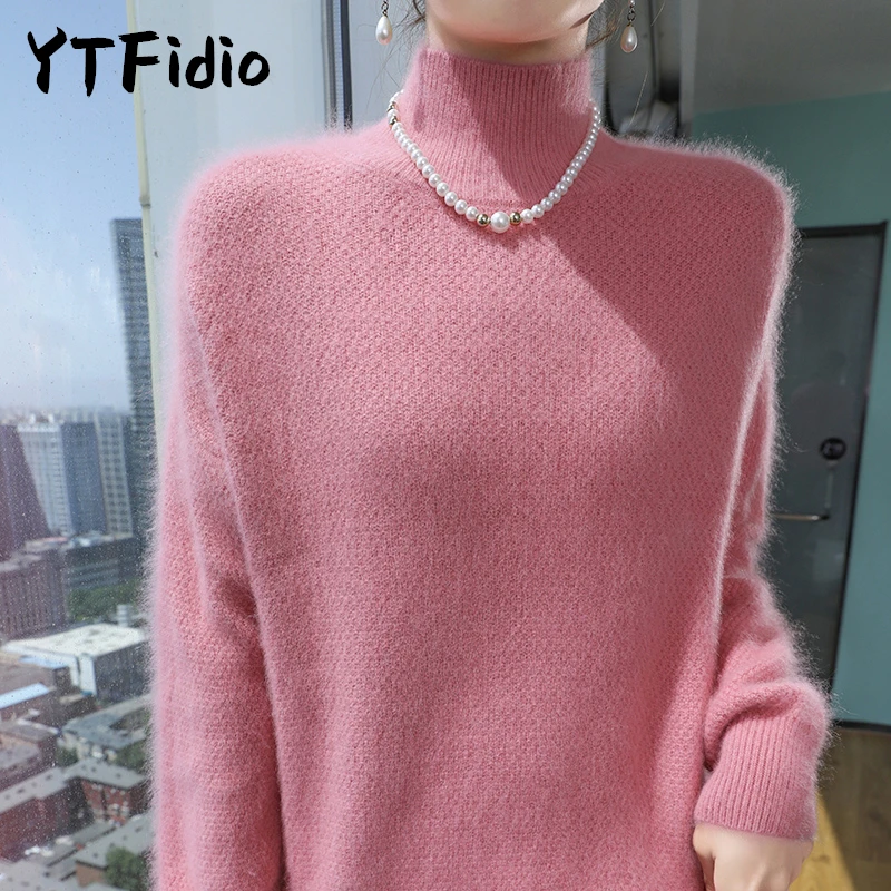 YTFidio Mink Cashmere Sweater High Collar Women Knitwear Thick Solid Base Tops Outerwears Knitted Oversized 157