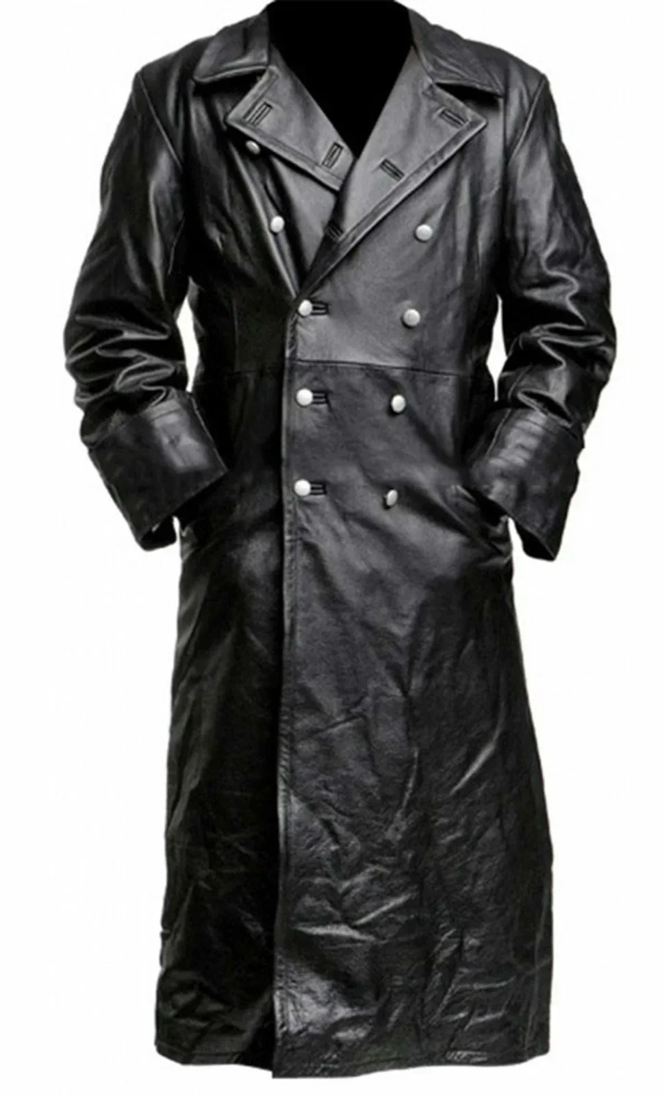 MEN\'S GERMAN CLASSIC WW2 MILITARY UNIFORM OFFICER BLACK REAL LEATHER TRENCH COAT