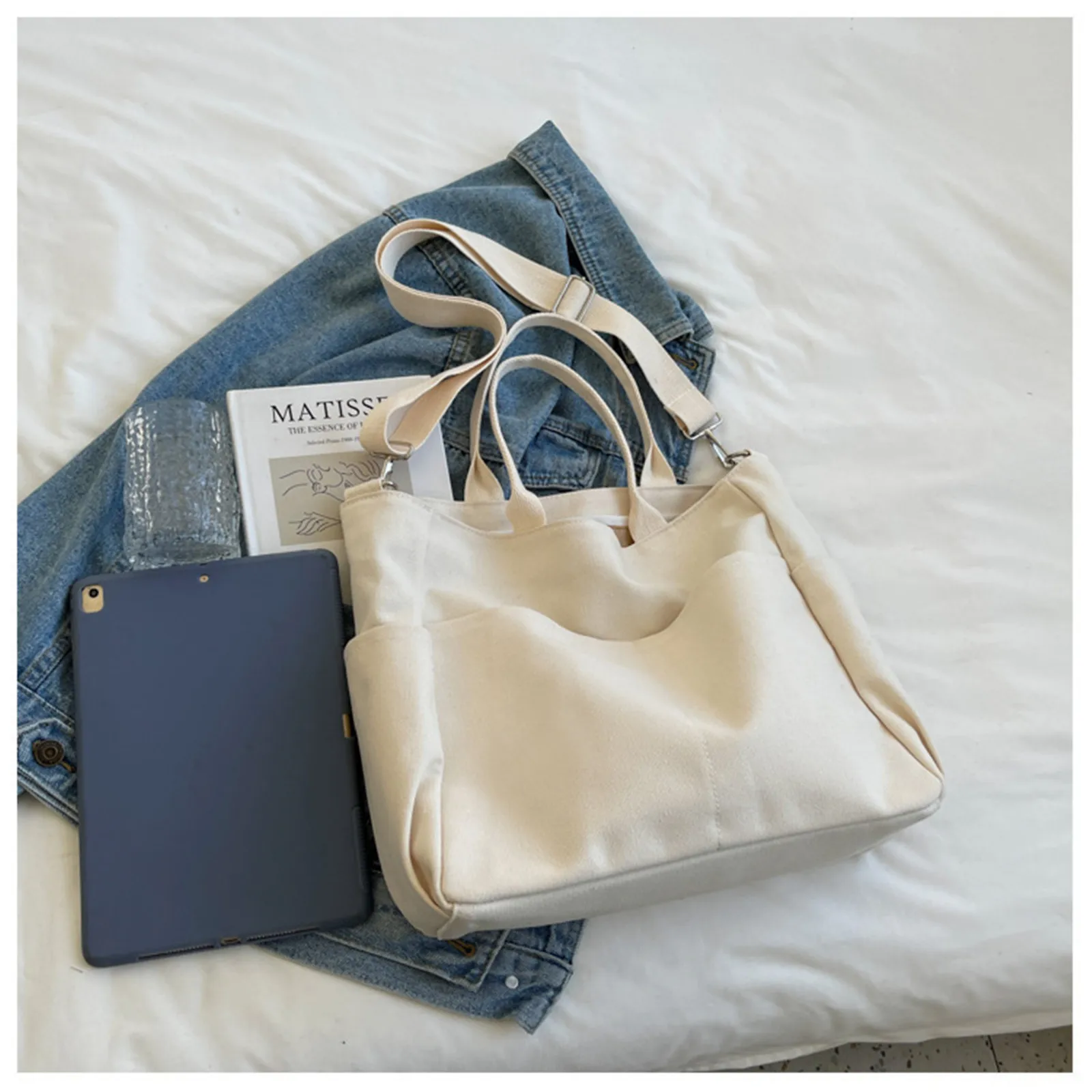 Ins Lazy Wind Canvas Big Bag New Korean Single Shoulder Crossbody Bag Female Simple Literary Solid Color Handbag Shopping Bag