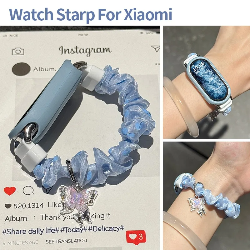 Ruffled Chiffon Fabric Strap for Xiaomi Mi Band 8 9 10 NFC Iridescent Butterfly Pendant Wristband for Mi 10 9 Scrunchie Bracelet