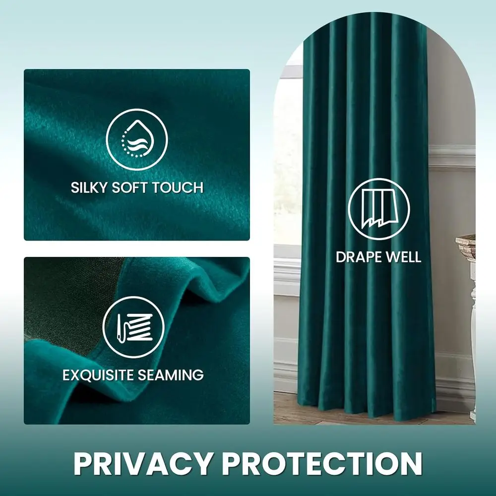 Thermal Insulated Teal Green Velvet Curtains, 2-Panel, 52x96 for Living & Bedroom with Rod Pocket and Back Tabs