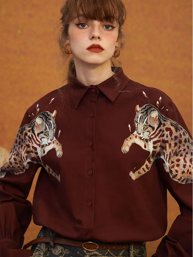 Women's Hand Painted Leopard Design Ruffle Sleeve Shirt, Spring Shirt