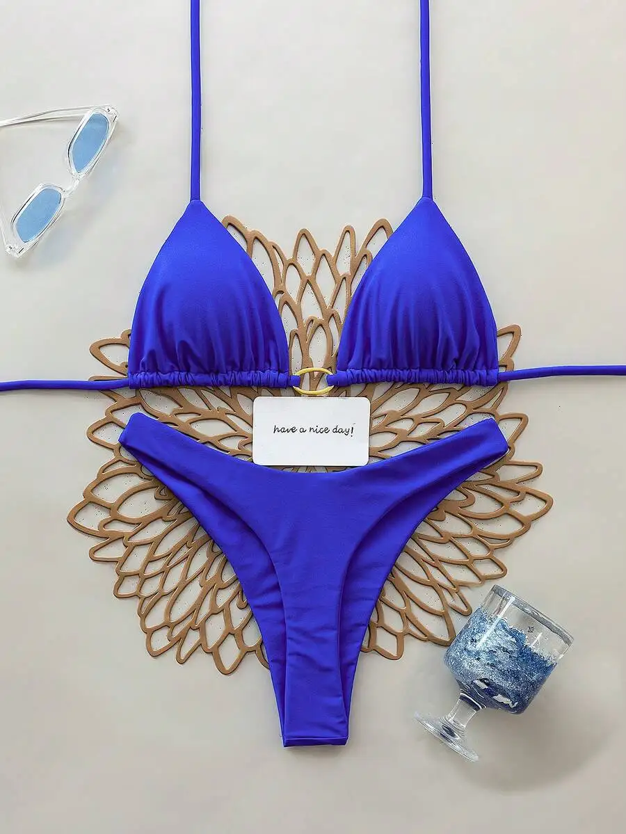 

2pcs Solid Color Triangle Tie-Up Bikini Swimsuit For Beach Resort Summer
